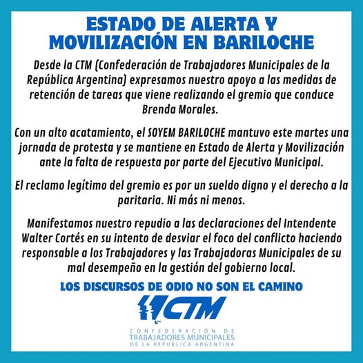 ESTADO DE ALERTA Y MOVILIZACIÓN EN BARILOCHE